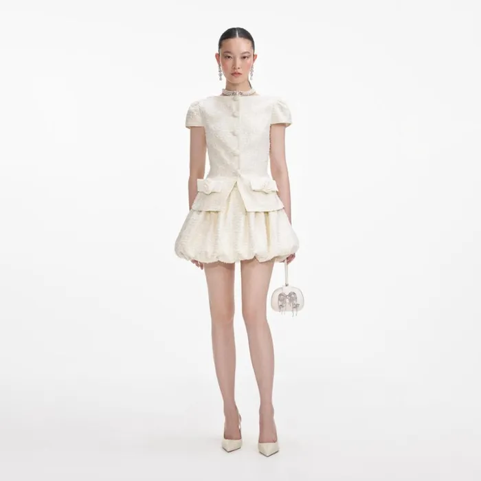 Cream Boucle Bow Detail Mini Dress Women Self Portrait Dresses