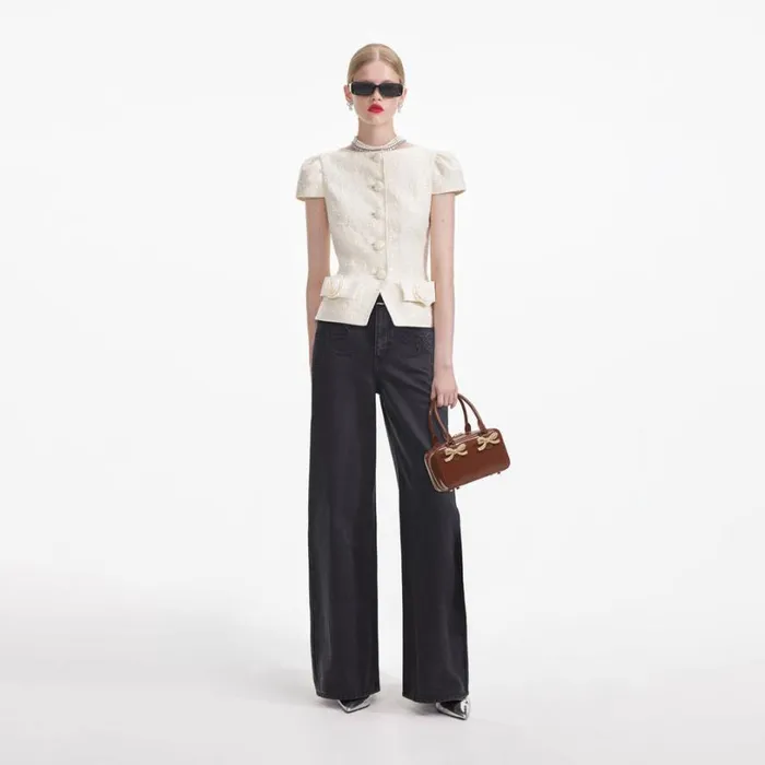 Cream Boucle Bow Detail Top Women Self Portrait Tops