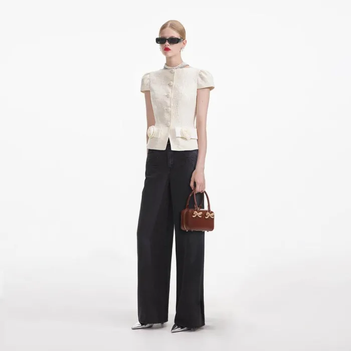 Cream Boucle Bow Detail Top Women Self Portrait Tops