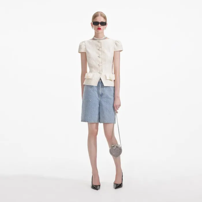 Cream Boucle Bow Detail Top Women Self Portrait Tops