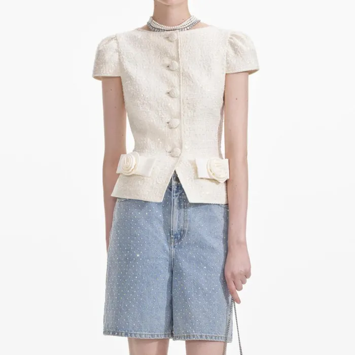 Cream Boucle Bow Detail Top Women Self Portrait Tops