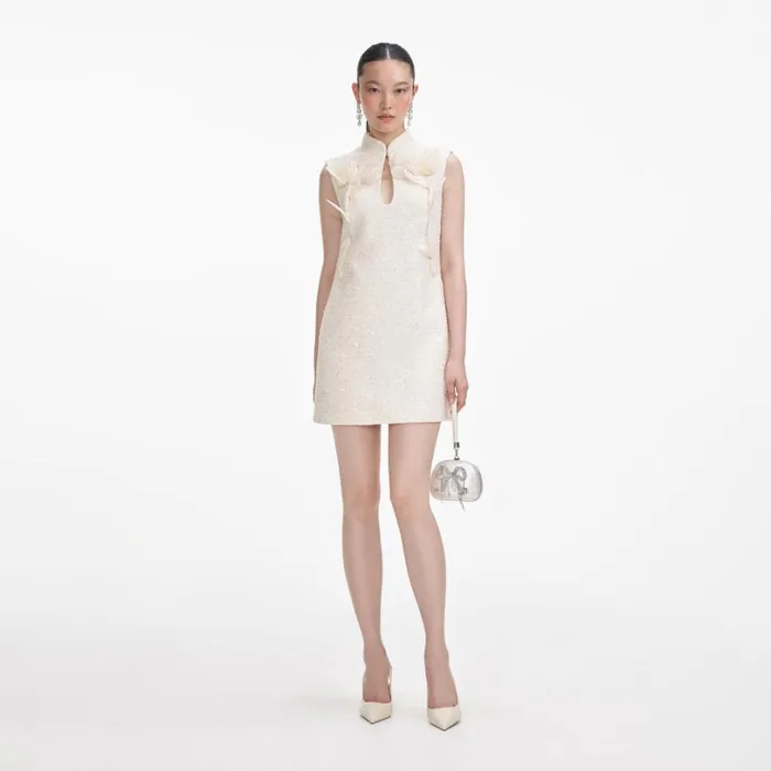 Cream Boucle Flower Motif Mini Dress Women Self Portrait Dresses