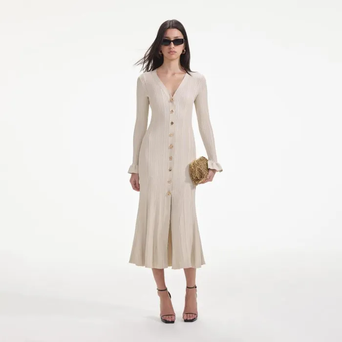 Cream Metallic Ribbed Midi Dress Women Self Portrait Dresses