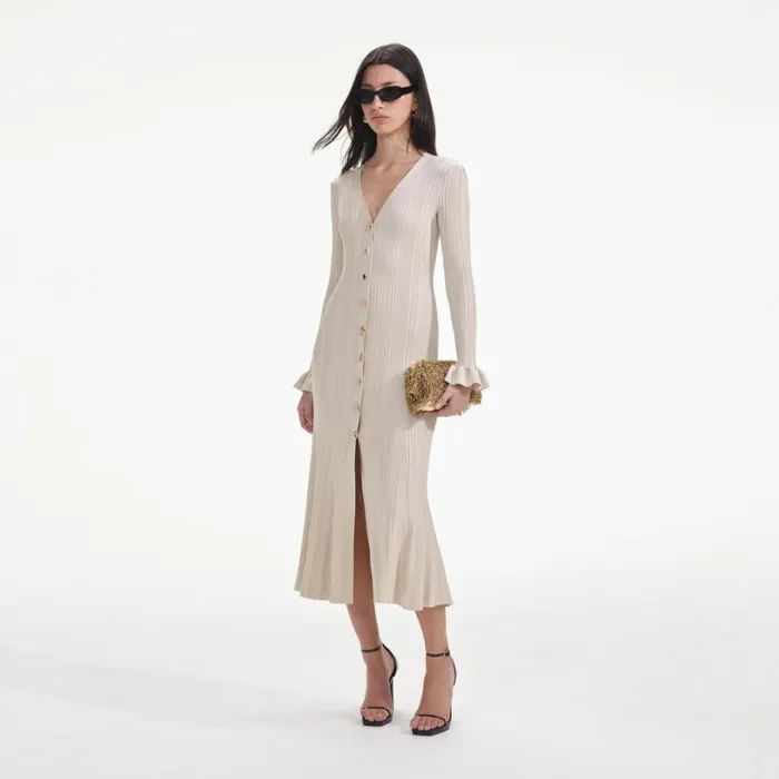Cream Metallic Ribbed Midi Dress Women Self Portrait Dresses Cream Metallic Ribbed Midi Dress Women Self Portrait Dresses