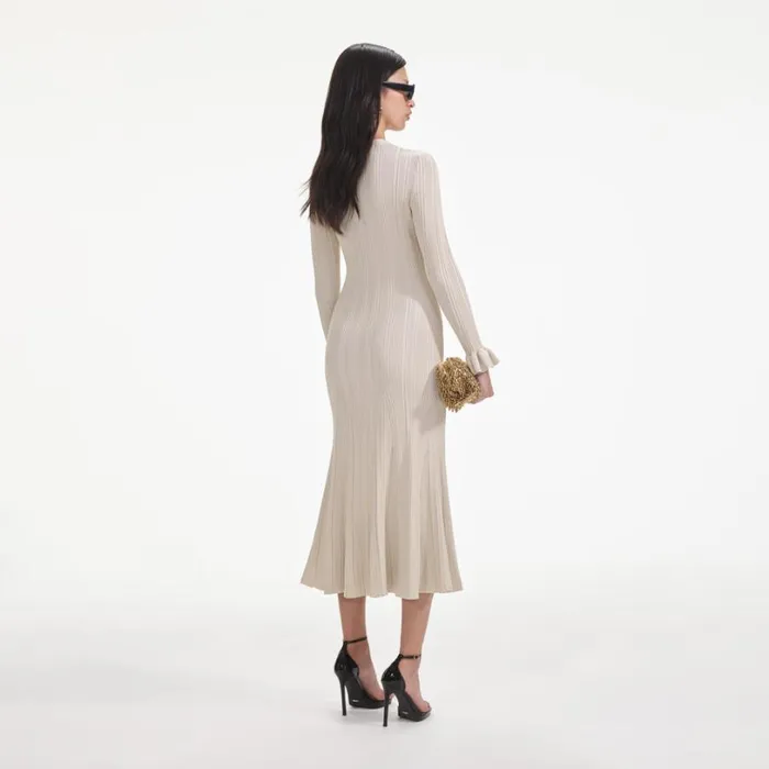 Cream Metallic Ribbed Midi Dress Women Self Portrait Dresses Cream Metallic Ribbed Midi Dress Women Self Portrait Dresses