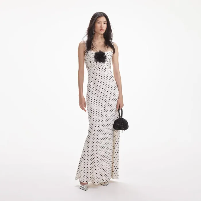 Cream Polka Dot Satin Maxi Dress Women Self Portrait Dresses