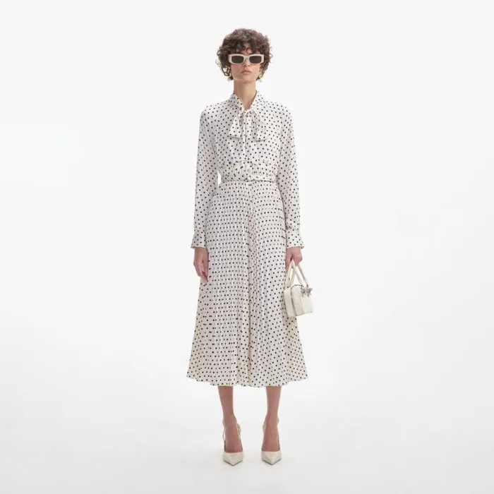 Cream Polka Dot Satin Midi Dress Women Self Portrait Dresses