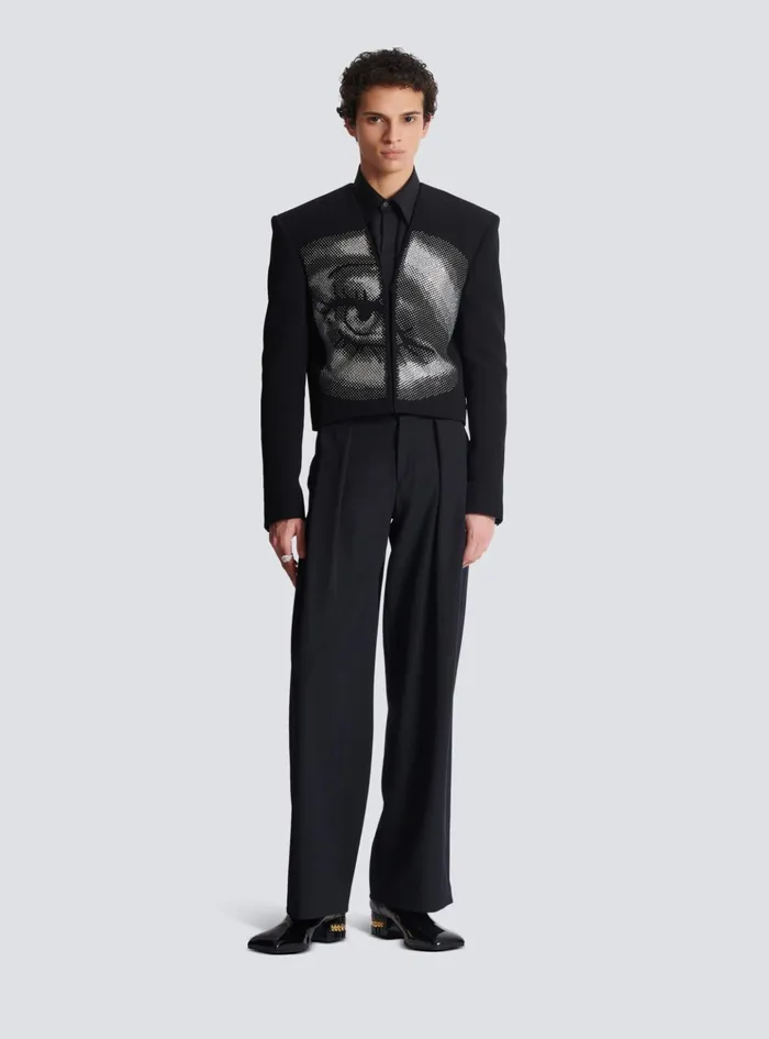 Cropped Crepe Jacket With Crystals In An Eye Motif Black Men Balmain Jackets And Blazers