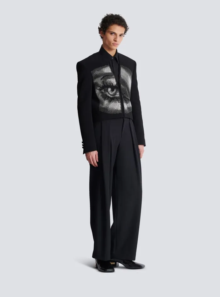 Cropped Crepe Jacket With Crystals In An Eye Motif Black Men Balmain Jackets And Blazers