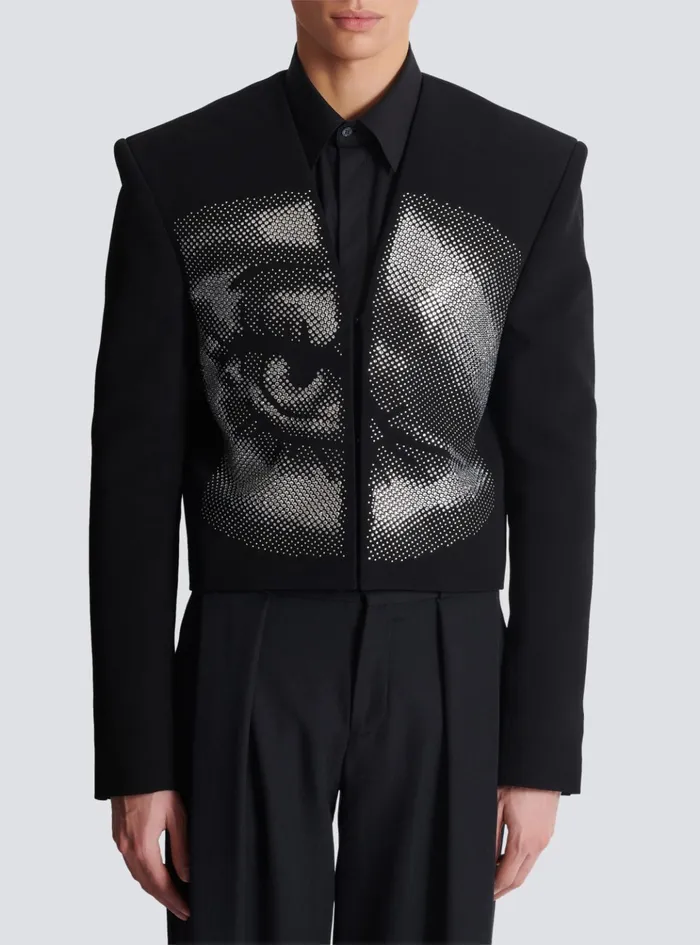 Cropped Crepe Jacket With Crystals In An Eye Motif Black Men Balmain Jackets And Blazers