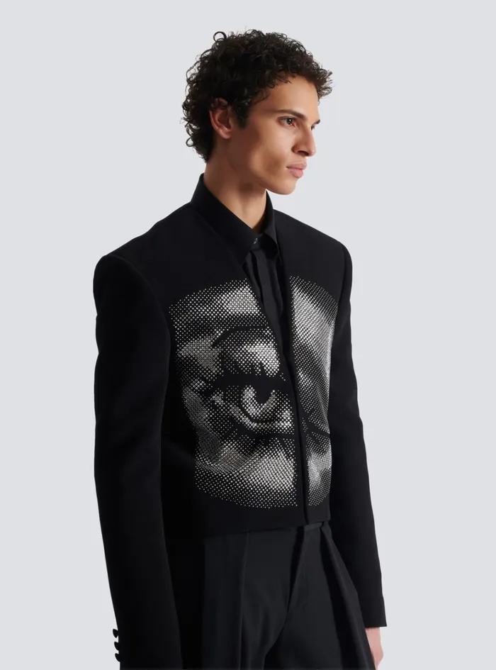 Cropped Crepe Jacket With Crystals In An Eye Motif Black Men Balmain Jackets And Blazers