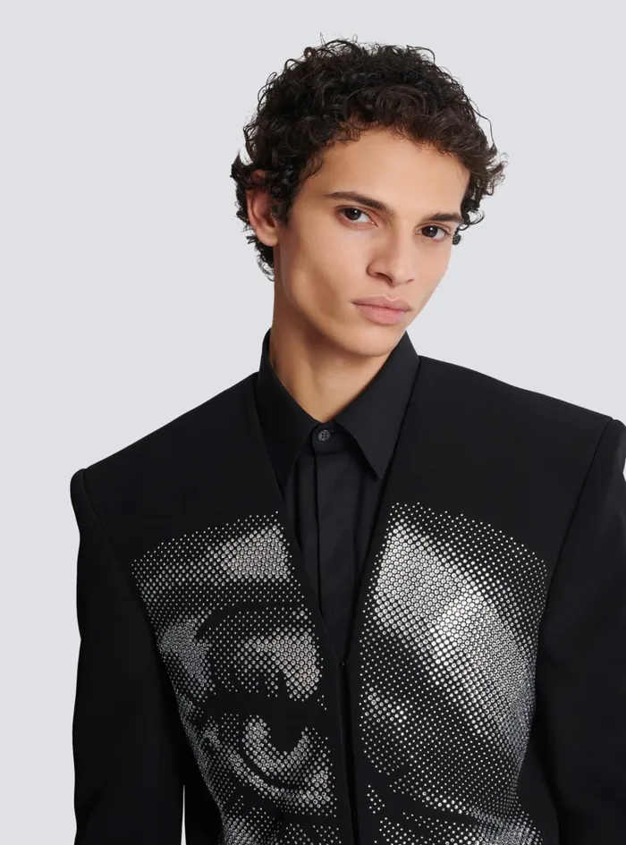 Cropped Crepe Jacket With Crystals In An Eye Motif Black Men Balmain Jackets And Blazers