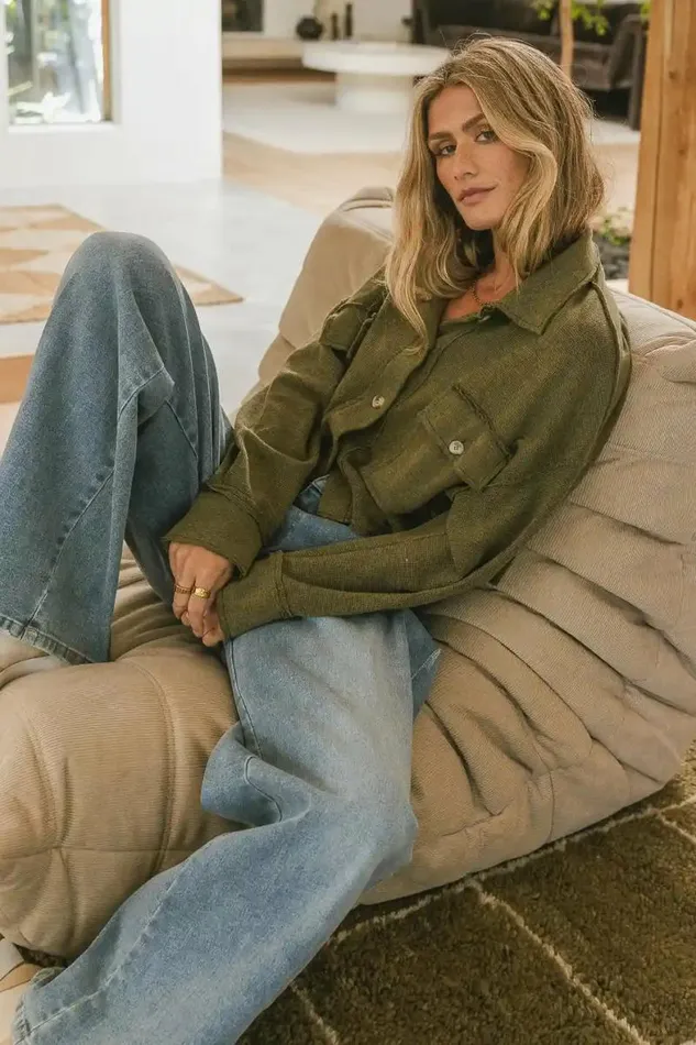 Cropped Waffle Knit Top In Olive Olive Women Bohme Tops