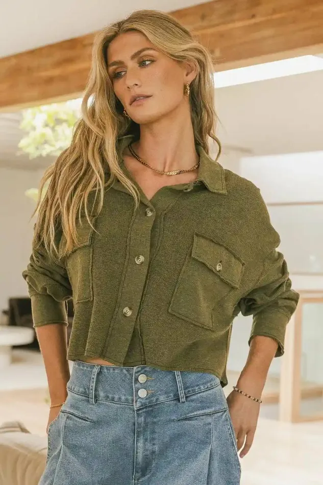 Cropped Waffle Knit Top In Olive Olive Women Bohme Tops