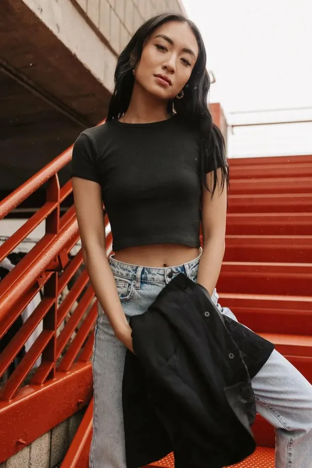 Dani Waffle Knit Crop Top In Black Black Women Bohme Tops
