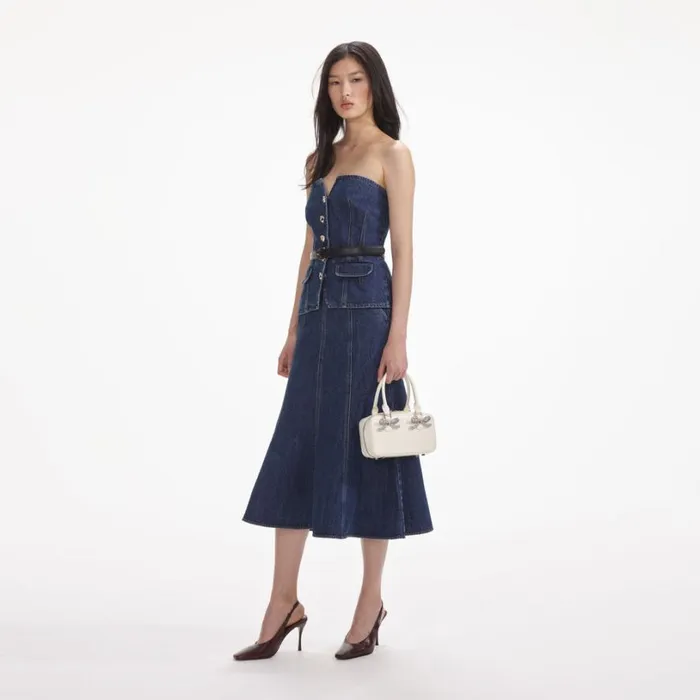 Denim Bandeau Midi Dress Women Self Portrait Dresses Denim Bandeau Midi Dress Women Self Portrait Dresses