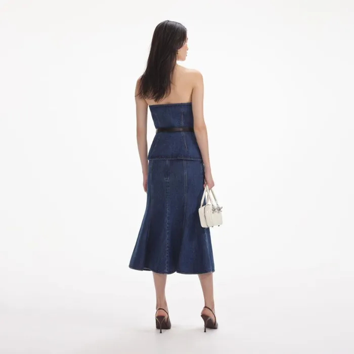 Denim Bandeau Midi Dress Women Self Portrait Dresses Denim Bandeau Midi Dress Women Self Portrait Dresses