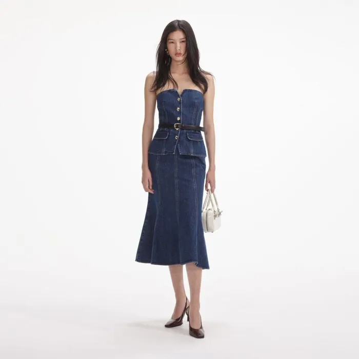 Denim Bandeau Midi Dress Women Self Portrait Dresses Denim Bandeau Midi Dress Women Self Portrait Dresses