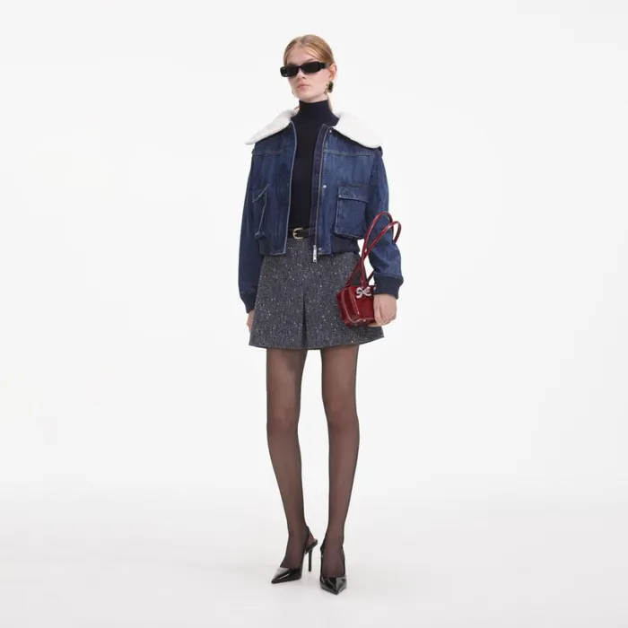 Denim Knit Collar Jacket Women Self Portrait Denim Denim Knit Collar Jacket Women Self Portrait Denim