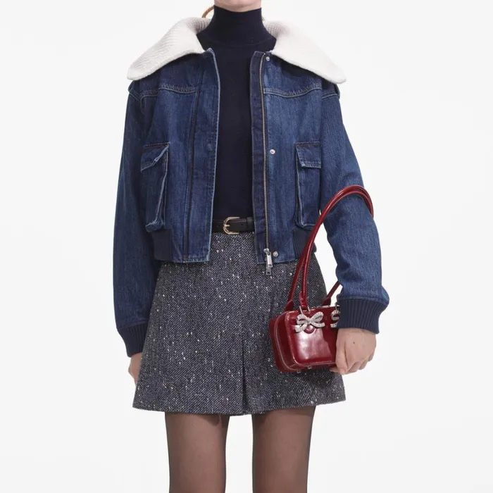 Denim Knit Collar Jacket Women Self Portrait Denim Denim Knit Collar Jacket Women Self Portrait Denim