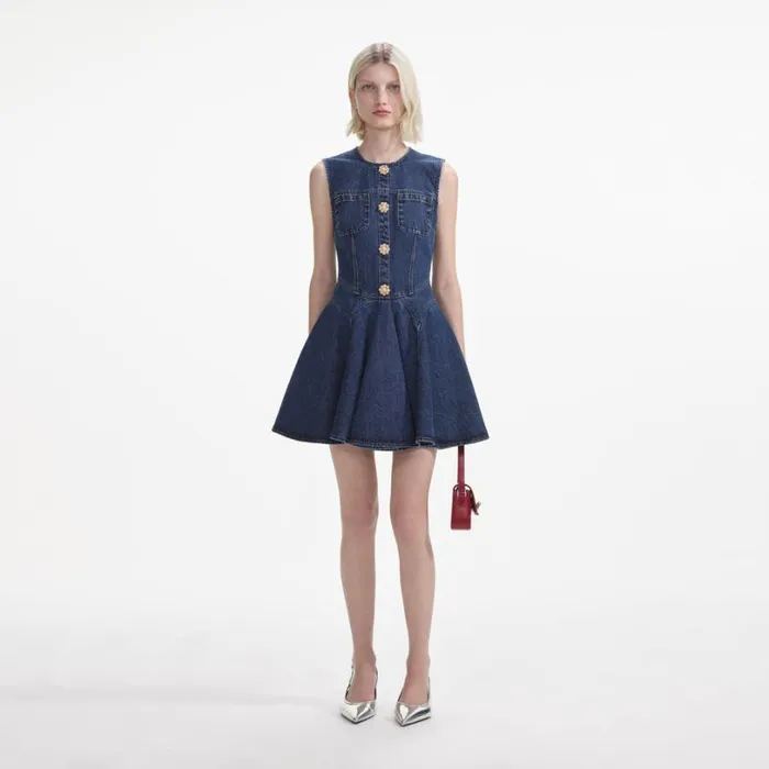 Denim Skater Mini Dress Women Self Portrait Dresses