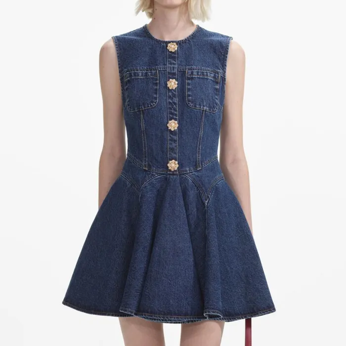 Denim Skater Mini Dress Women Self Portrait Dresses Denim Skater Mini Dress Women Self Portrait Dresses