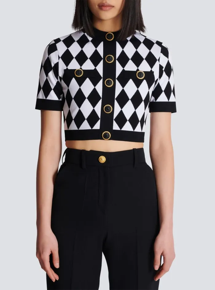 Diamond Jacquard Knit Top Black Women Balmain Tops And Shirts