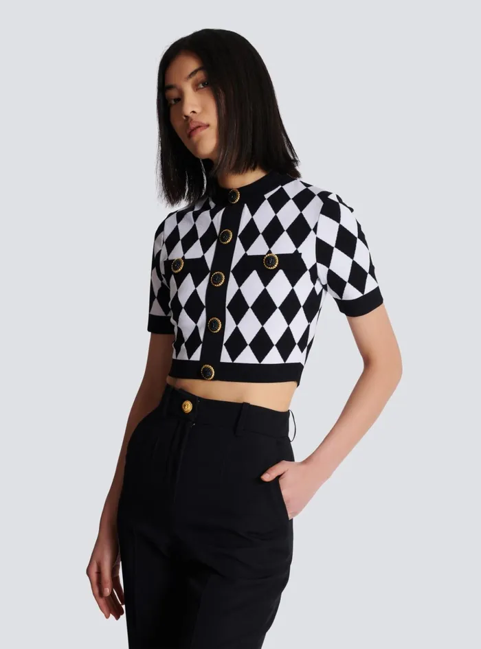 Diamond Jacquard Knit Top Black Women Balmain Tops And Shirts