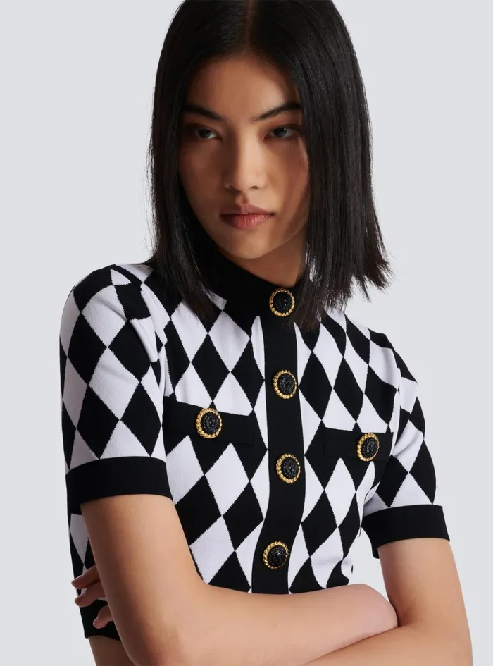 Diamond Jacquard Knit Top Black Women Balmain Tops And Shirts