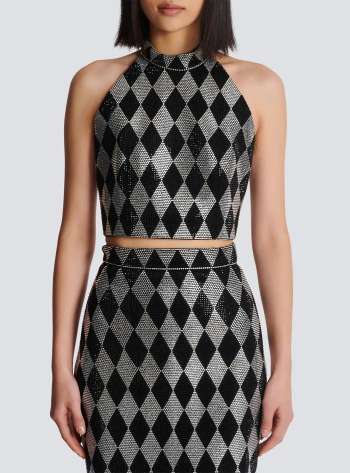Diamond Rhinestone Halterneck Top Black Women Balmain Tops And Shirts