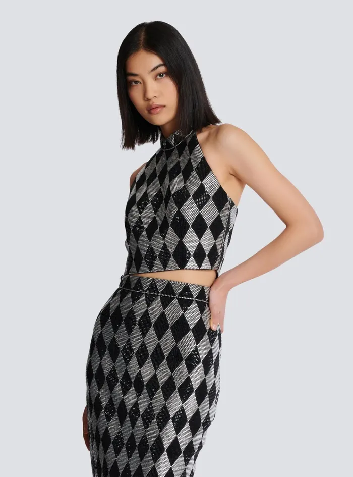 Diamond Rhinestone Halterneck Top Black Women Balmain Tops And Shirts
