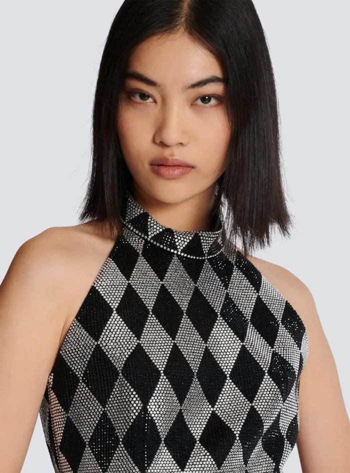 Diamond Rhinestone Halterneck Top Black Women Balmain Tops And Shirts