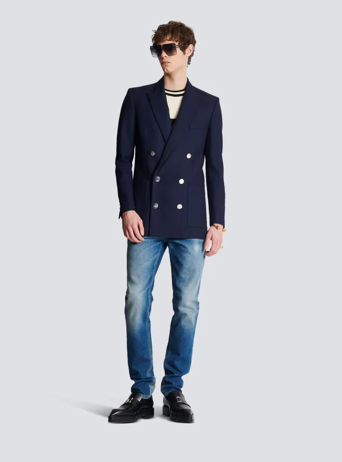 Doublebreasted Buttoned Blazer Navy Men Balmain Jackets And Blazers