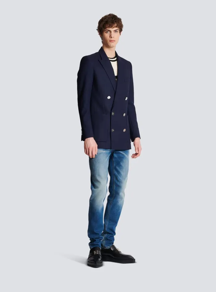Doublebreasted Buttoned Blazer Navy Men Balmain Jackets And Blazers