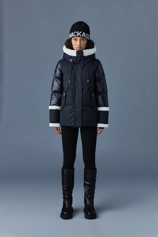 Downs and Jackets Women Mackage CYRAH Arctic Twill Down Jacket With Shearling Trim Blackcream Downs and Jackets Women Mackage CYRAH Arctic Twill Down Jacket With Shearling Trim Blackcream