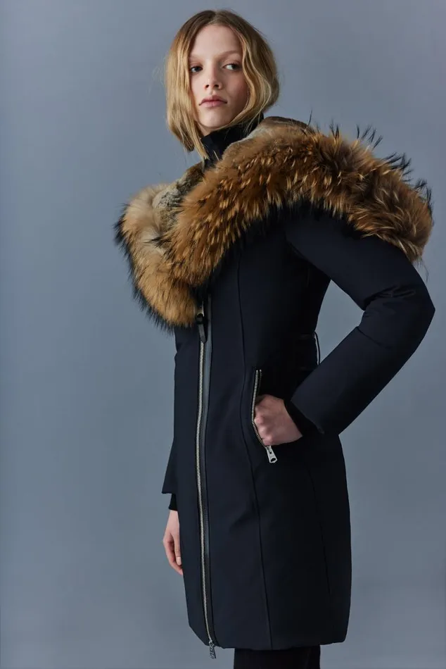 Downs and Jackets Women Mackage TRISH Powder Touch Down Coat With Natural Fur Signature Mackage Collar Black