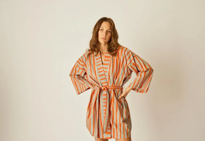 Dresses Shop Natalie Martin DIANE SHORT ROBE Batik Stripe Sage
