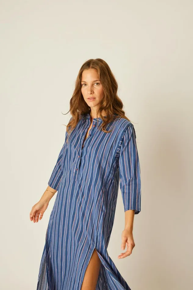 Dresses Shop Natalie Martin ISOBEL DRESS Batik Stripe Navy