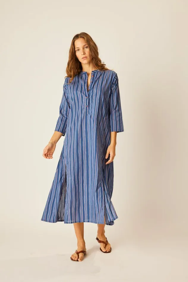 Dresses Shop Natalie Martin ISOBEL DRESS Batik Stripe Navy