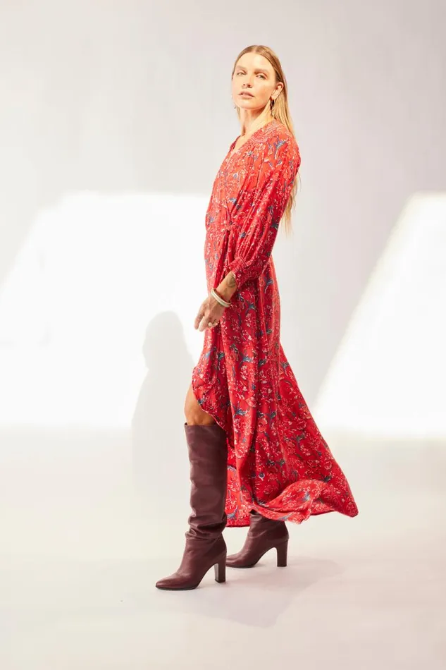 Dresses Shop Natalie Martin KATE LONG SLEEVE MAXI Silk Watercolor Vermillion
