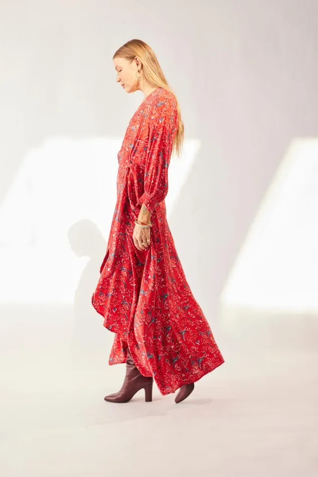 Dresses Shop Natalie Martin KATE LONG SLEEVE MAXI Silk Watercolor Vermillion