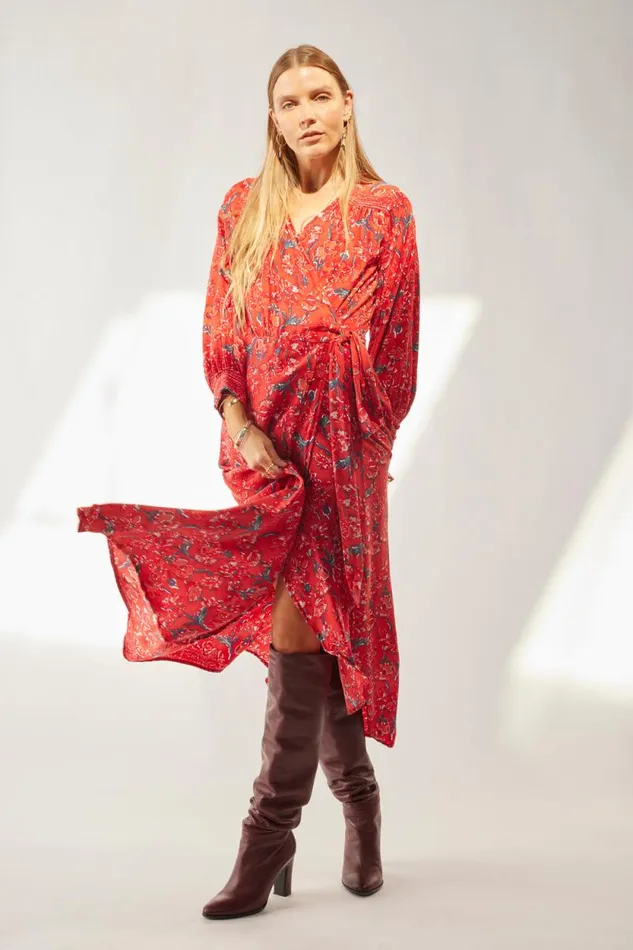Dresses Shop Natalie Martin KATE LONG SLEEVE MAXI Silk Watercolor Vermillion