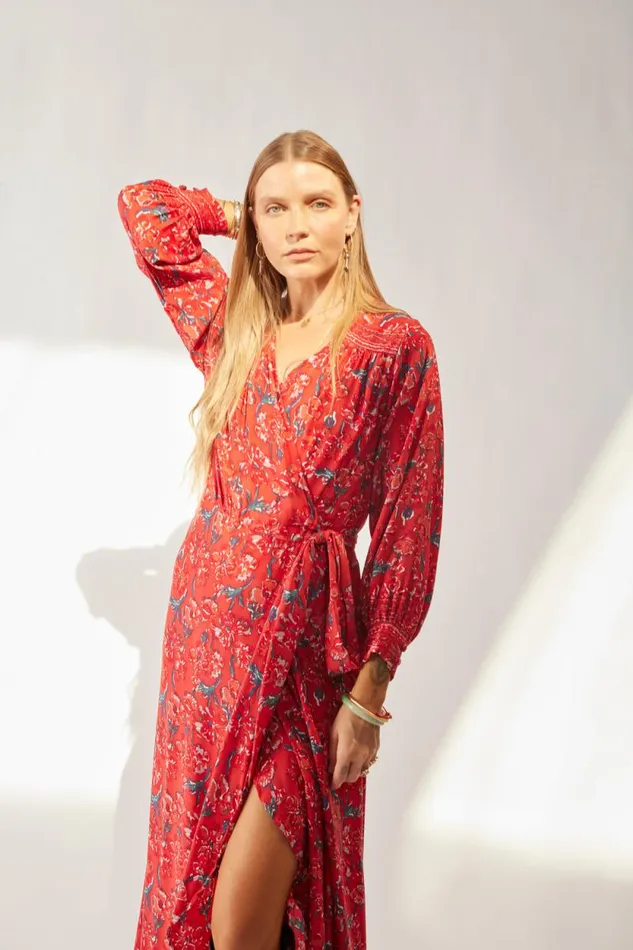 Dresses Shop Natalie Martin KATE LONG SLEEVE MAXI Silk Watercolor Vermillion