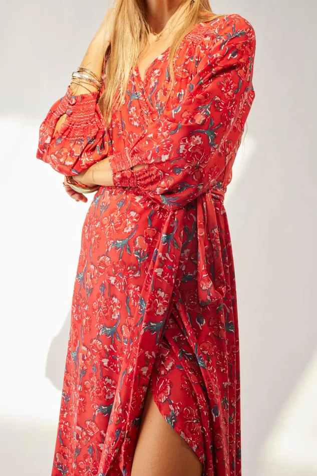 Dresses Shop Natalie Martin KATE LONG SLEEVE MAXI Silk Watercolor Vermillion