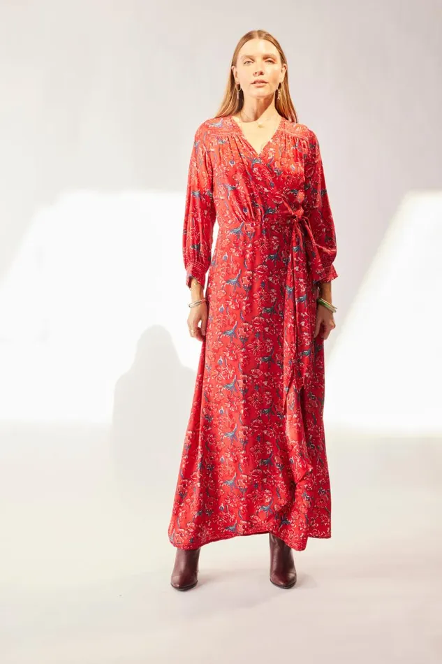 Dresses Shop Natalie Martin KATE LONG SLEEVE MAXI Silk Watercolor Vermillion