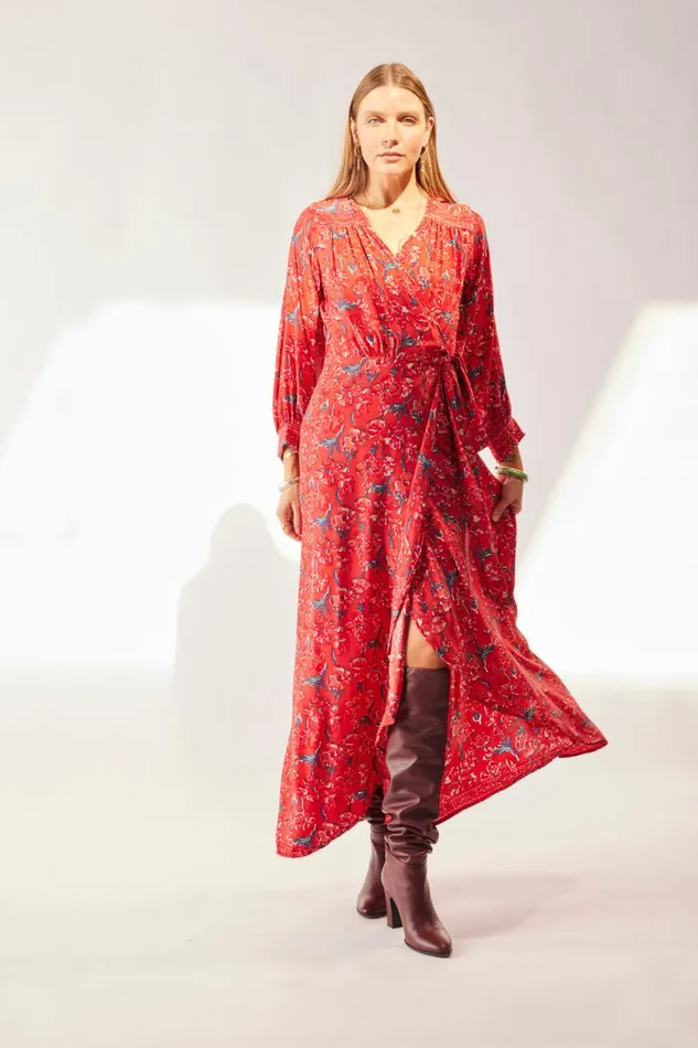 Dresses Shop Natalie Martin KATE LONG SLEEVE MAXI Silk Watercolor Vermillion