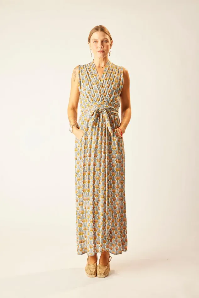 Dresses Shop Natalie Martin NICO SLEEVELESS MAXI Tulip Print French Blue