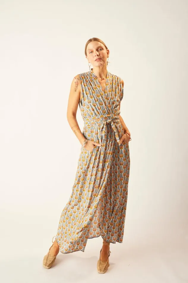 Dresses Shop Natalie Martin NICO SLEEVELESS MAXI Tulip Print French Blue