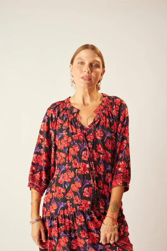 Dresses Shop Natalie Martin STEVIE DRESS Silk Watercolor Print Onyx