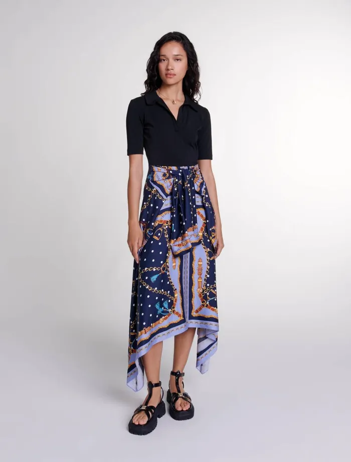Dresses Women Maje Illusion Effect Patterned Dress Chain Scarf Print